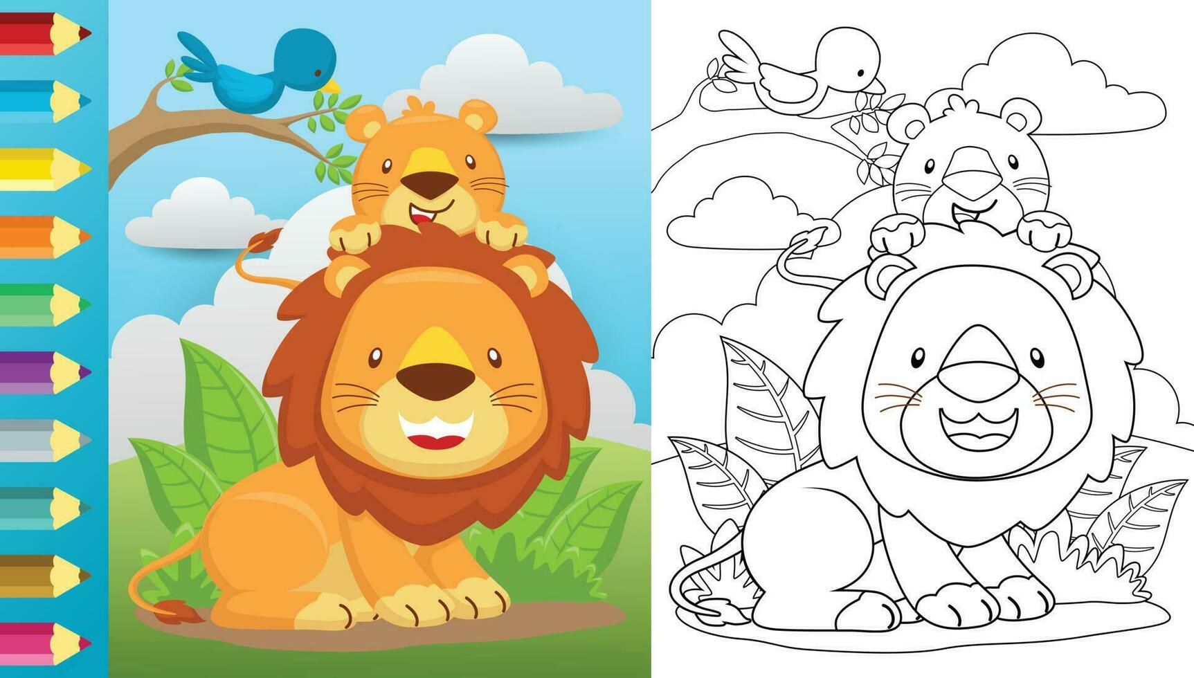 vector dibujos animados de león y eso cachorro en azul cielo fondo, un pájaro perca en árbol sucursales, colorante libro o página