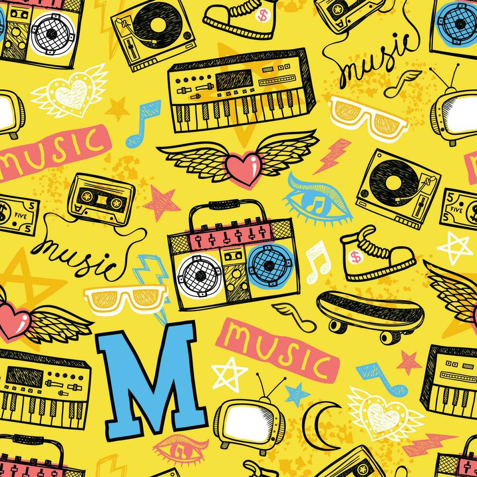 Seamless pattern vector of musical instruments with musical symbol, television, skateboard and shoe in hand drawn style