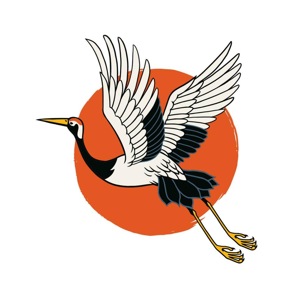 Japanese Heron Bird Flying over the Red Sun vector