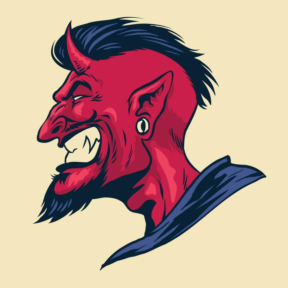 angry side face of devil in vintage hand drawn style vector