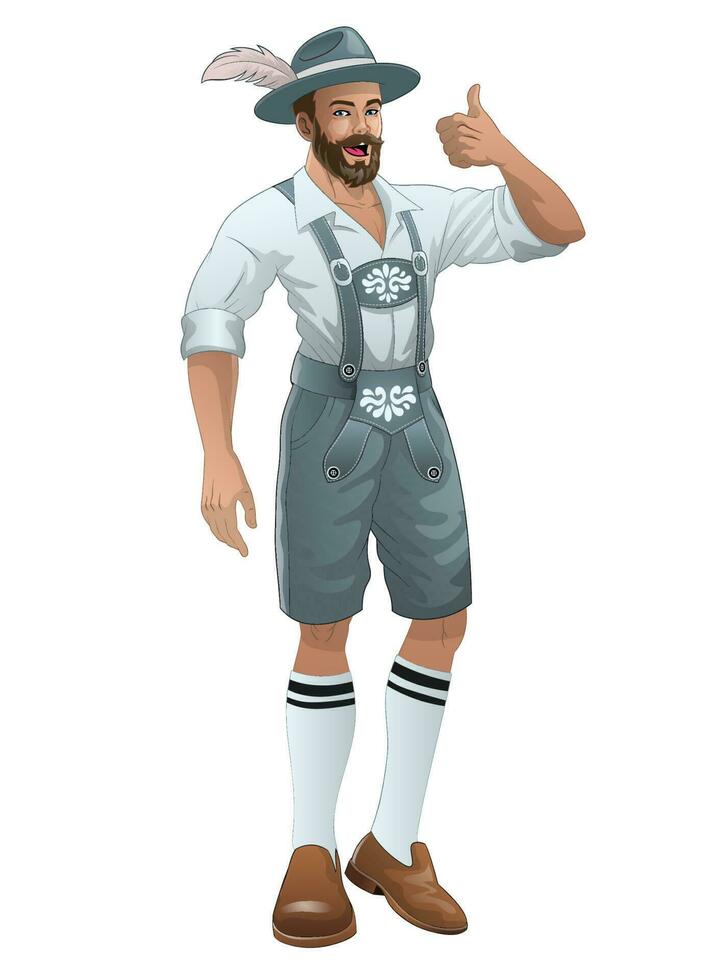 Happy Bavarian men wearing Lederhosen and thumb up pose vector