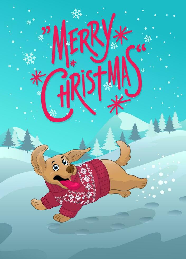 Happy Cartoon Golden Retriever Puppy Playing in the Winter Christmas vector