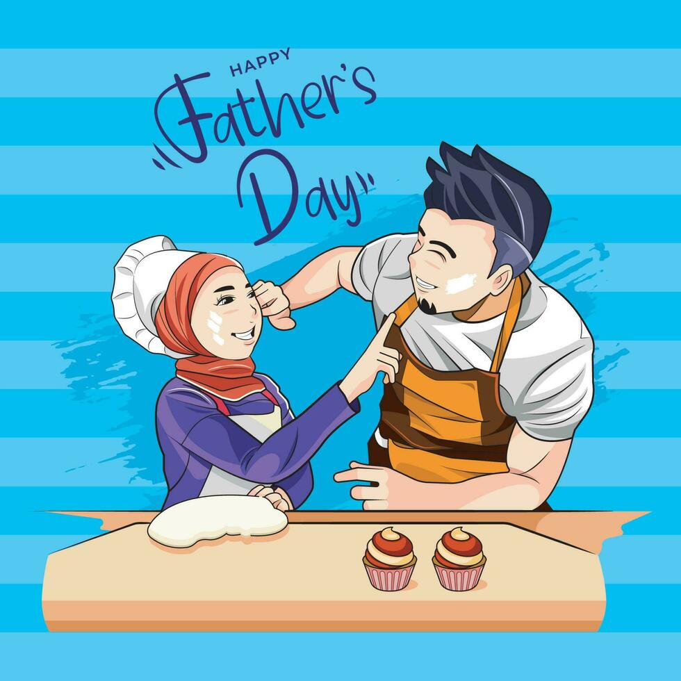 Father's Day. Father and Daughter in the hijab laughing together in the kitchen vector illustration free download