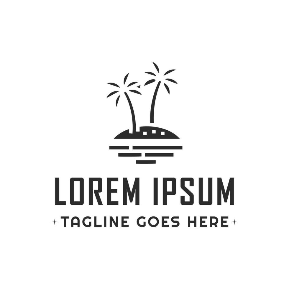 Beach Island Logo Design with Palm Tree Illustration. This logo features a simple design with a small island and a palm tree, evoking a tropical beach atmosphere. vector