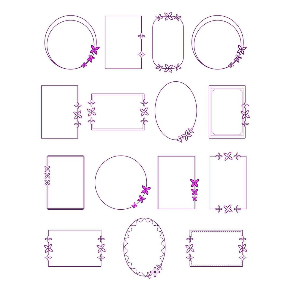 Line art style frames of various shapes. Rectangular and oval minimalist frames are decorated with abstract butterfly leaves. Vector set of design elements