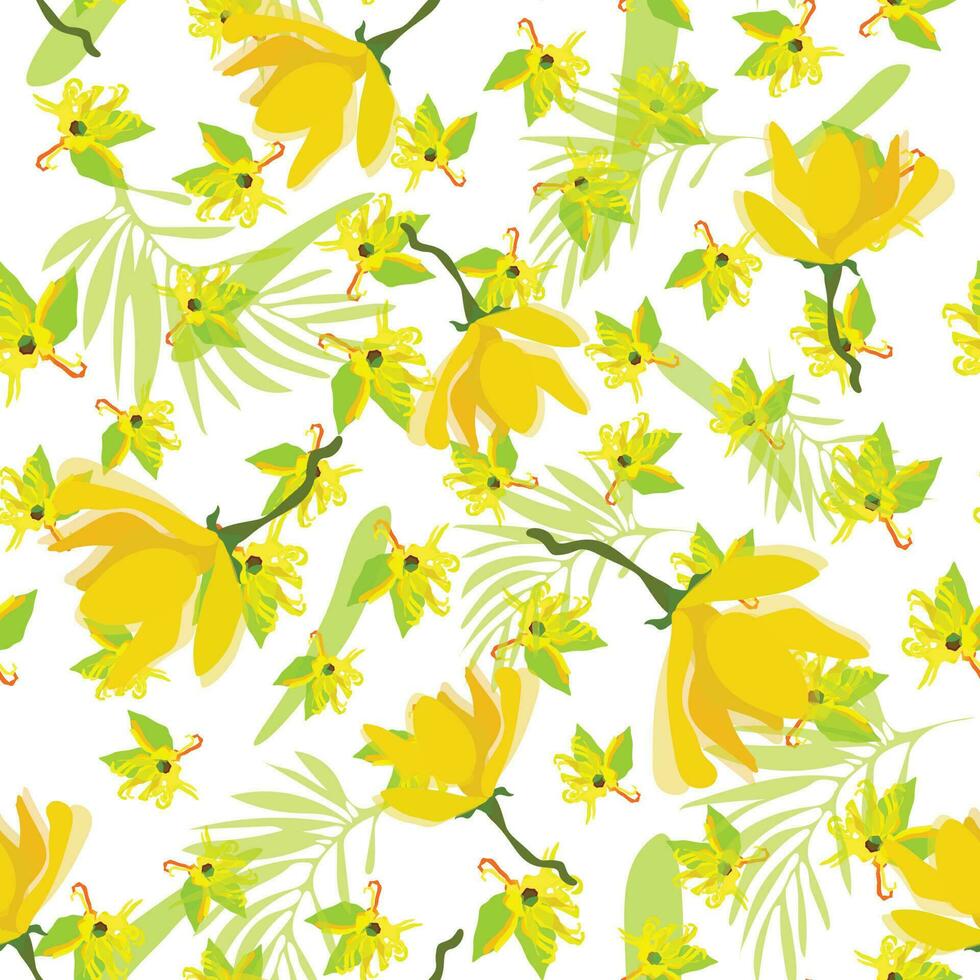 yellow vanilla flowers sketch ylang-ylang oil. Floral organic pattern. Tropical illustration. On a white background vector