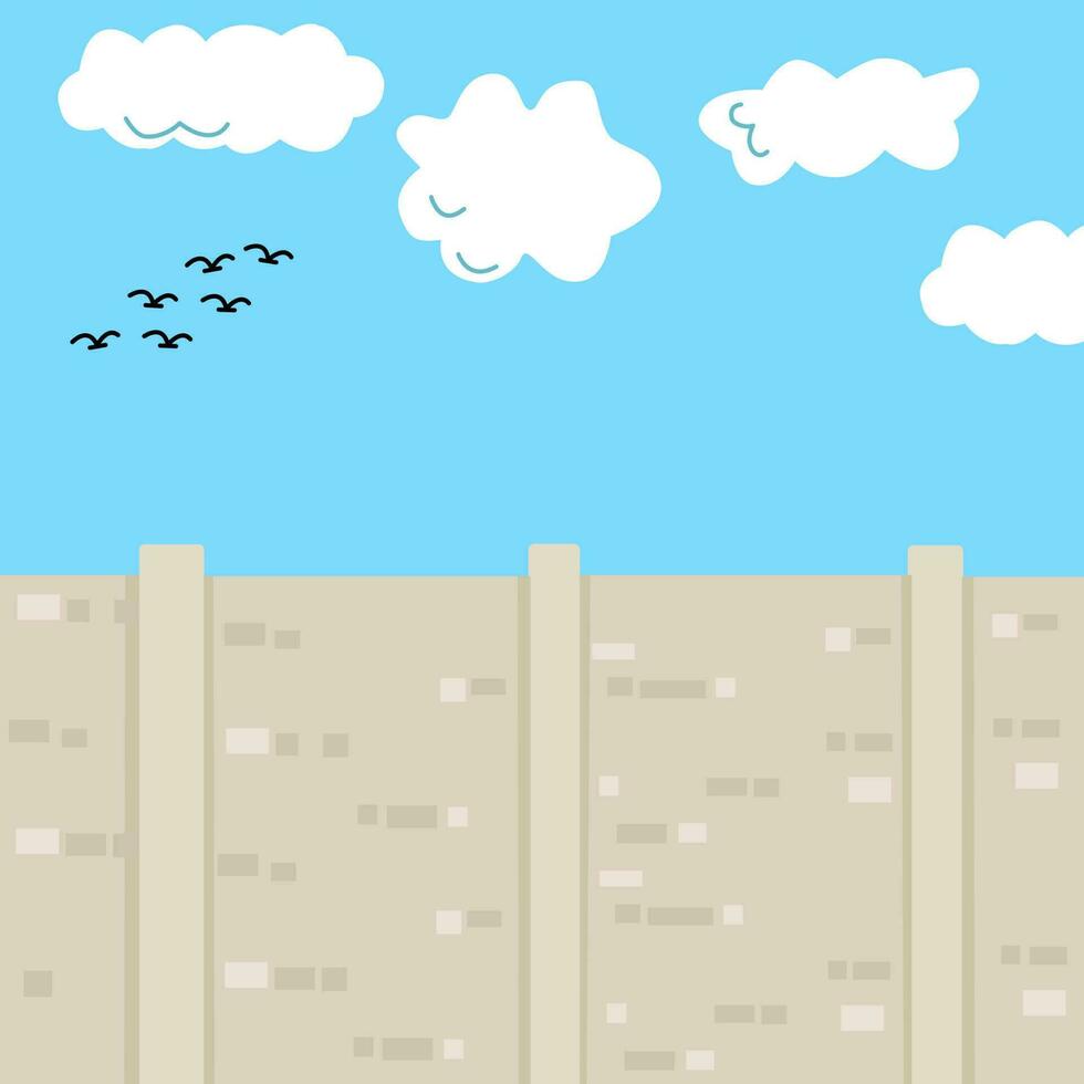 Empty wall with clear blue sky, clouds and flying birds. Clean and minimal design. vector