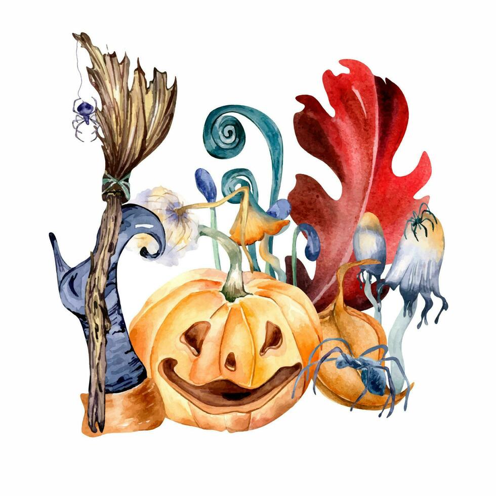 Witchcraft composition with colorful plants watercolor illustration isolated on white. Red leaf, pumpkin with mushroom, broom, witch boot hand drawn. Design element for Halloween collection, sticker. vector