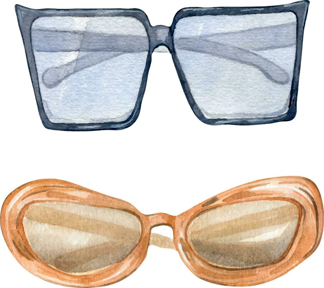 Two sunglasses, glasses watercolor illustration isolated on white background. Woman's stylish outfit, woman's summer accessories hand drawn. Design for shop, magazine, packaging, showcase, pattern vector