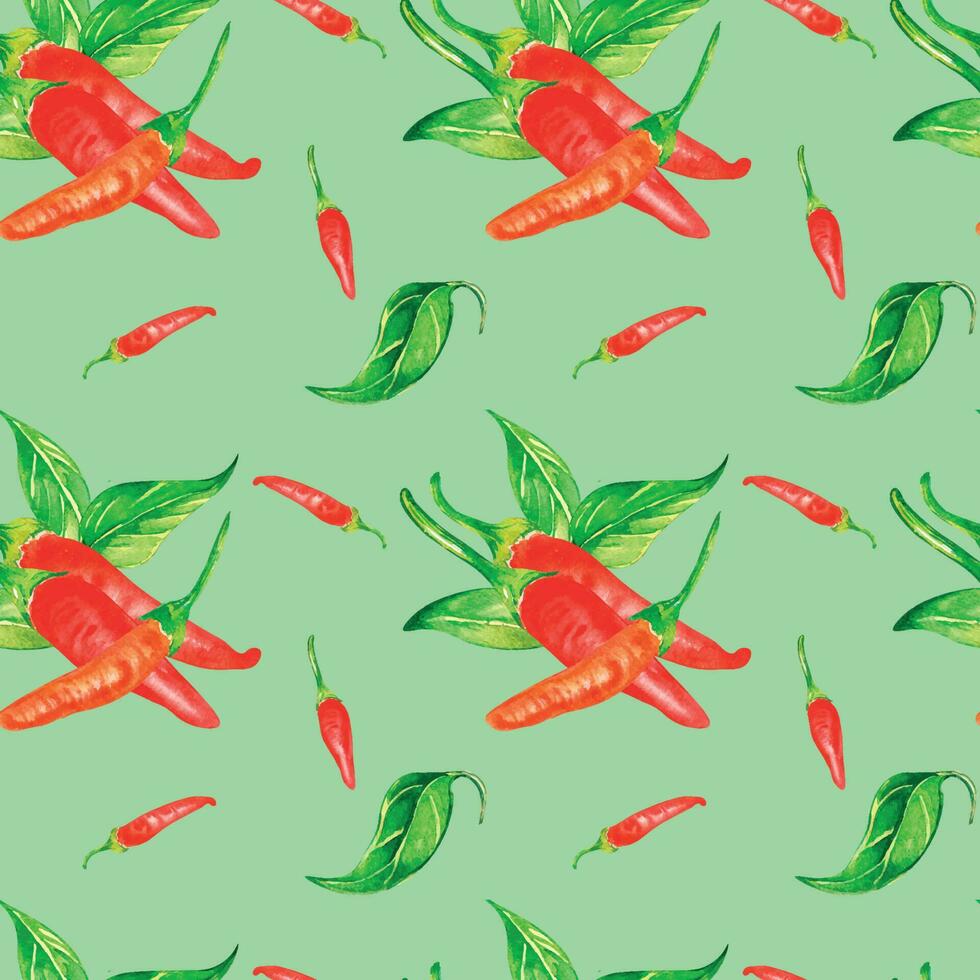 Tabasco hot pepper and leaves watercolor seamless pattern isolated on green. vector