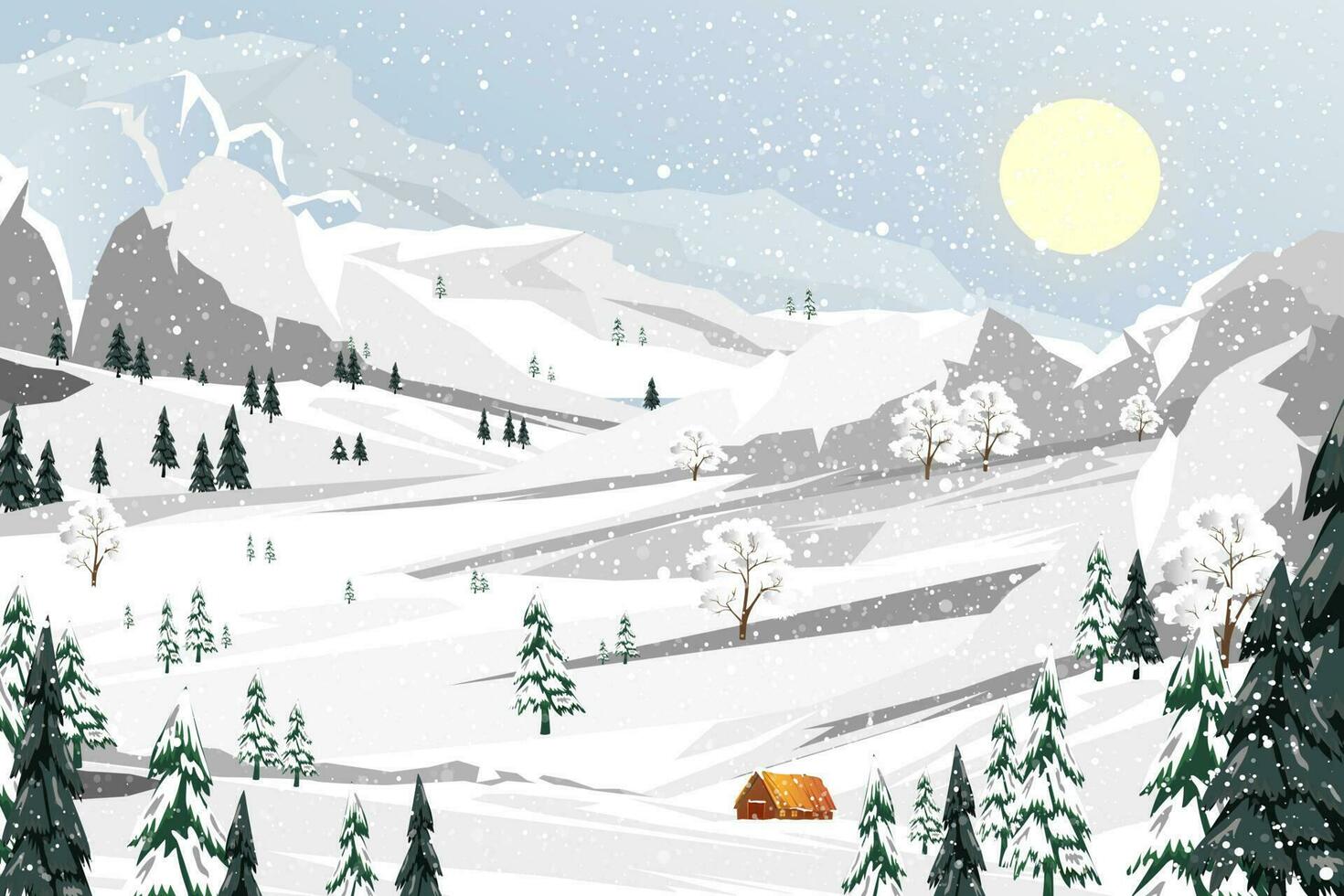 invierno bosque paisaje con cubierto en escarcha arboles en el ventisqueros con hermosa cielo.vector dibujos animados horizonte conífero bosque con nieve cayendo,telón de fondo bandera para navidad, nuevo año 2024 tarjeta vector