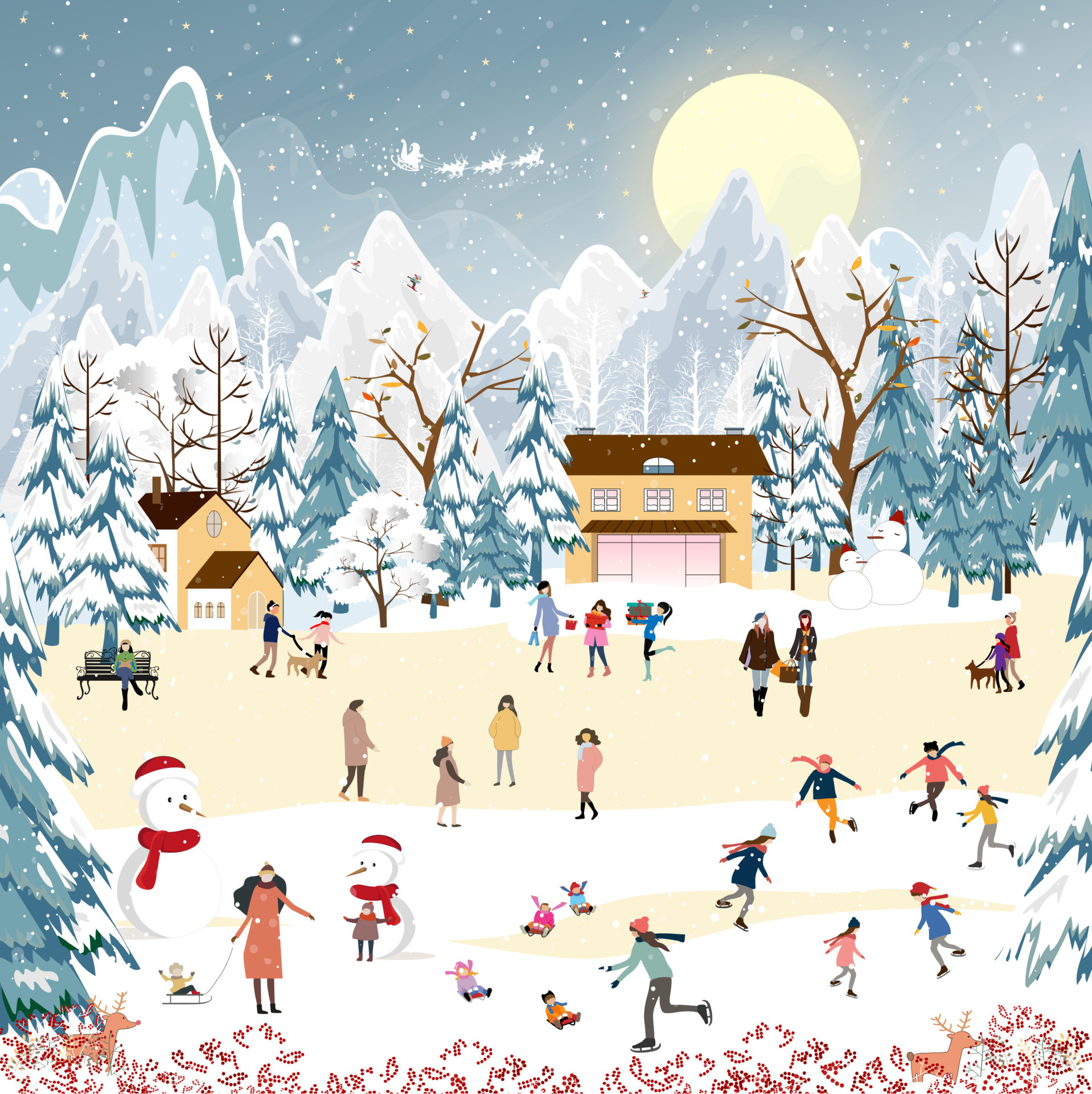 Winter Landscape with Snow Fallingon Christmas Night in Village,Vector  Banner Cute Winter Wonderland in the Town with Happy People Stock  Illustration - Illustration of season, holiday: 279392568