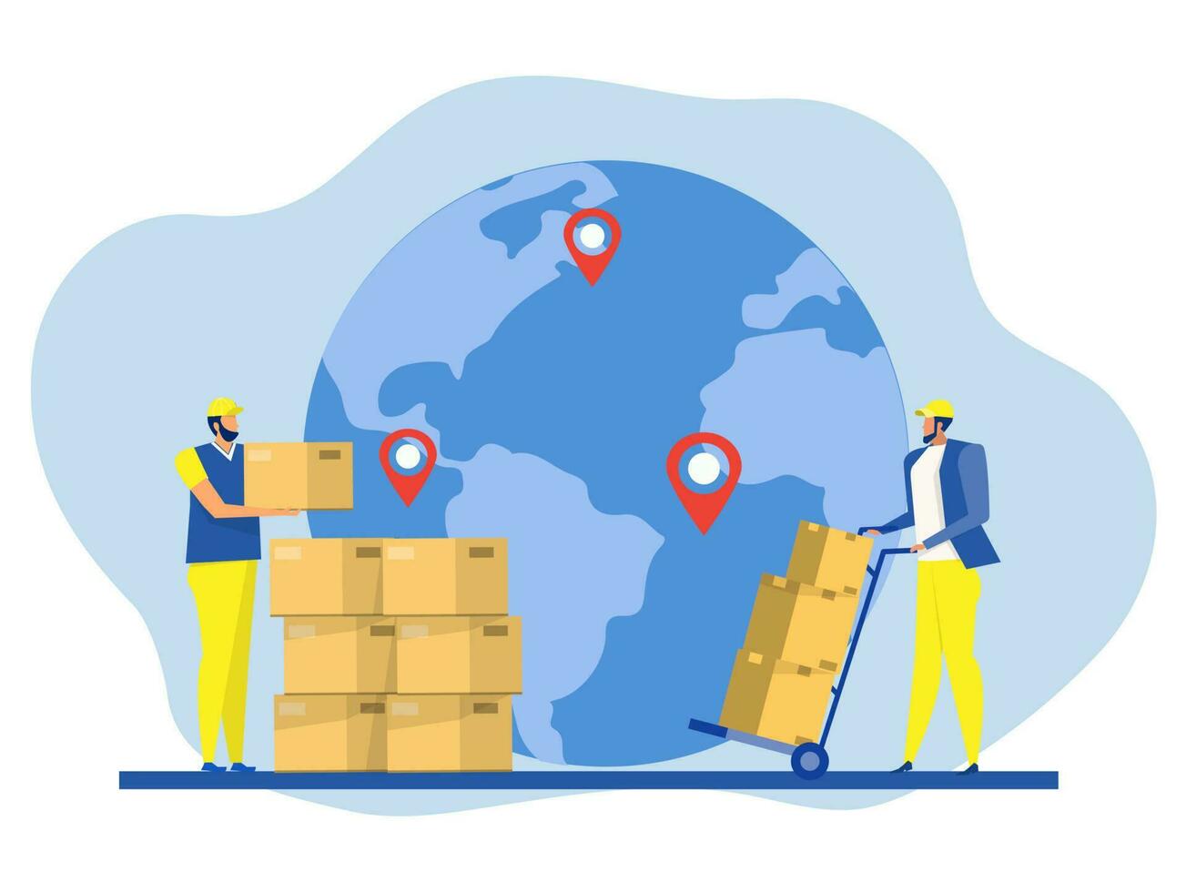 servicio de logística de entrega comercial, plano de computadora portátil en línea del mercado de valores, trabajador que lleva cajas con mercancías. ilustración vectorial. diseño de sitio web o página web de destino vector