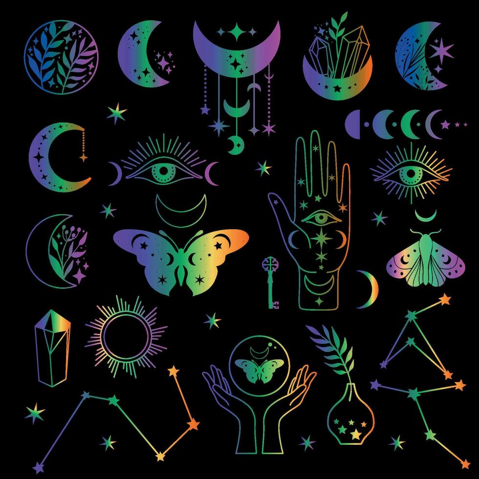 Mystical moon phases neon icons set and woman hands and moth, alchemy esoteric magic space, vector black isolated on black background