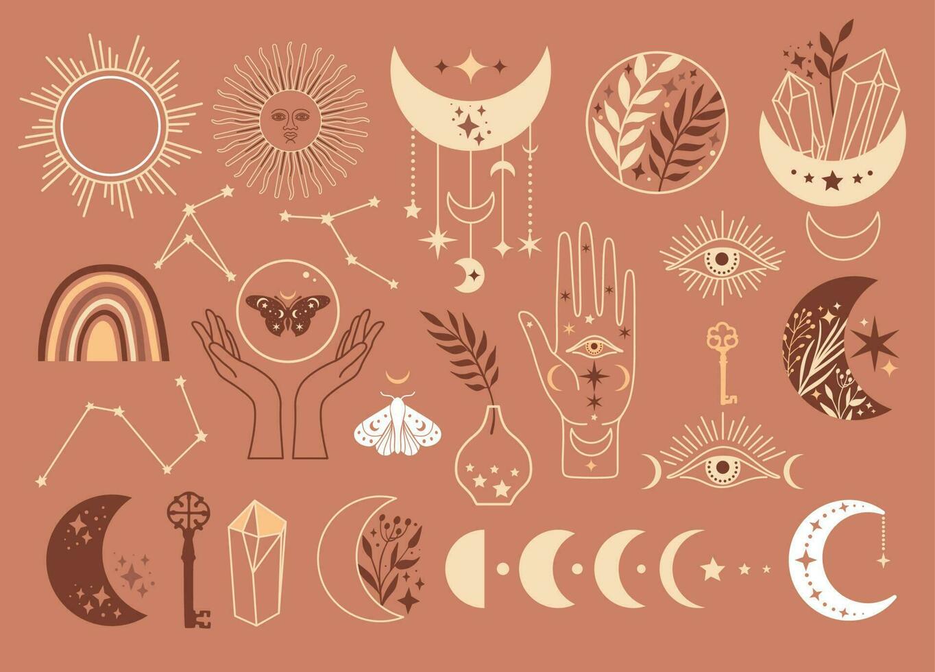 Mystical moon phases set icons and woman hands and moth, alchemy esoteric magic space, vector isolated on beige background