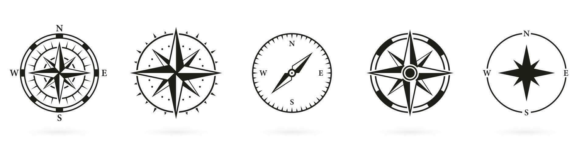 Compass Silhouette Icon Set on White Background. Navigational Direction to North, South, West, East Symbol. Rose Wind Glyph Pictogram. Navigation Equipment Solid Sign. Isolated Vector Illustration.