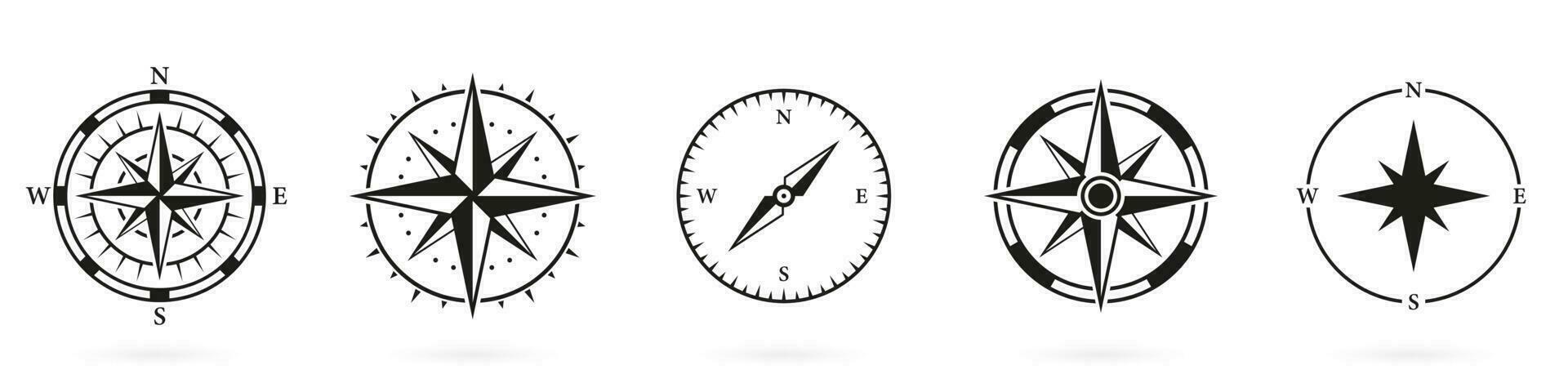 Brújula silueta icono conjunto en blanco antecedentes. relativo a la navegación dirección a norte, sur, Oeste, este símbolo. Rosa viento glifo pictograma. navegación equipo sólido signo. aislado vector ilustración.