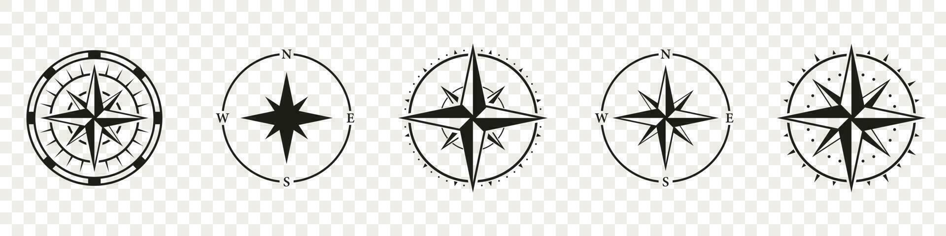 Compass Silhouette Icon Set. Navigational Orientation Equipment Glyph Pictogram. Adventure Direction to North, South, West, East Solid Sign. Windrose, Rose Wind Symbol. Isolated Vector Illustration.