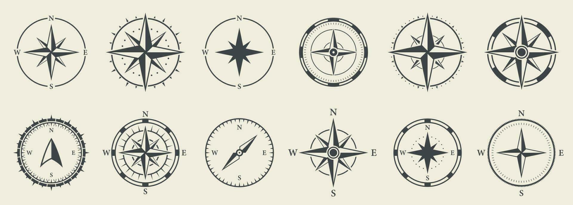 Windrose Silhouette Icon Set. Compass Nautical Navigator Cartography Glyph Pictogram. Rose Wind Navigator Icon. Adventure Direction to North South West East Sign. Isolated Vector Illustration.