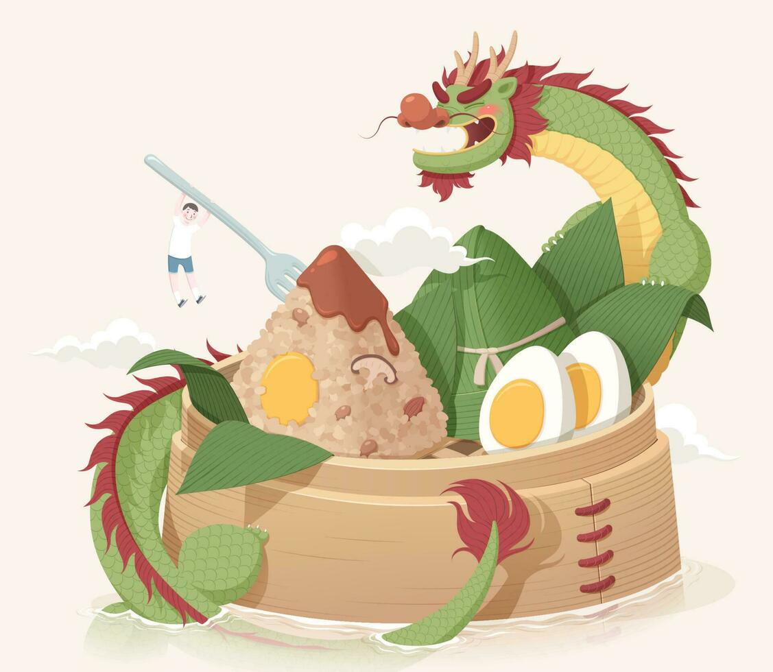 Stick rice dumplings in bamboo steamer with a Chinese dragon surrounding it and a miniature boy hanging on the fork vector