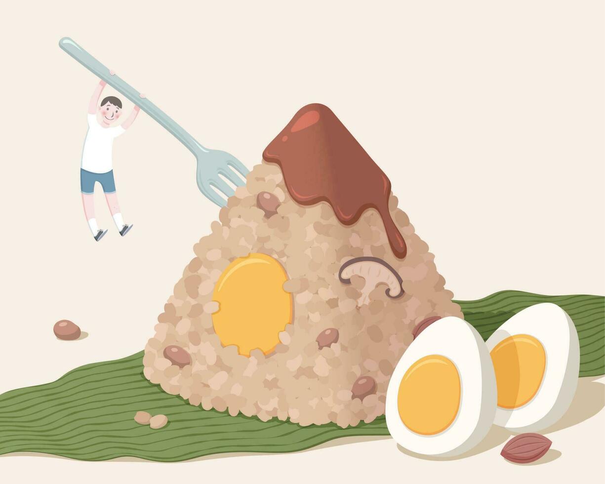 Miniature boy hanging on fork which is insert into delicious zongzi vector