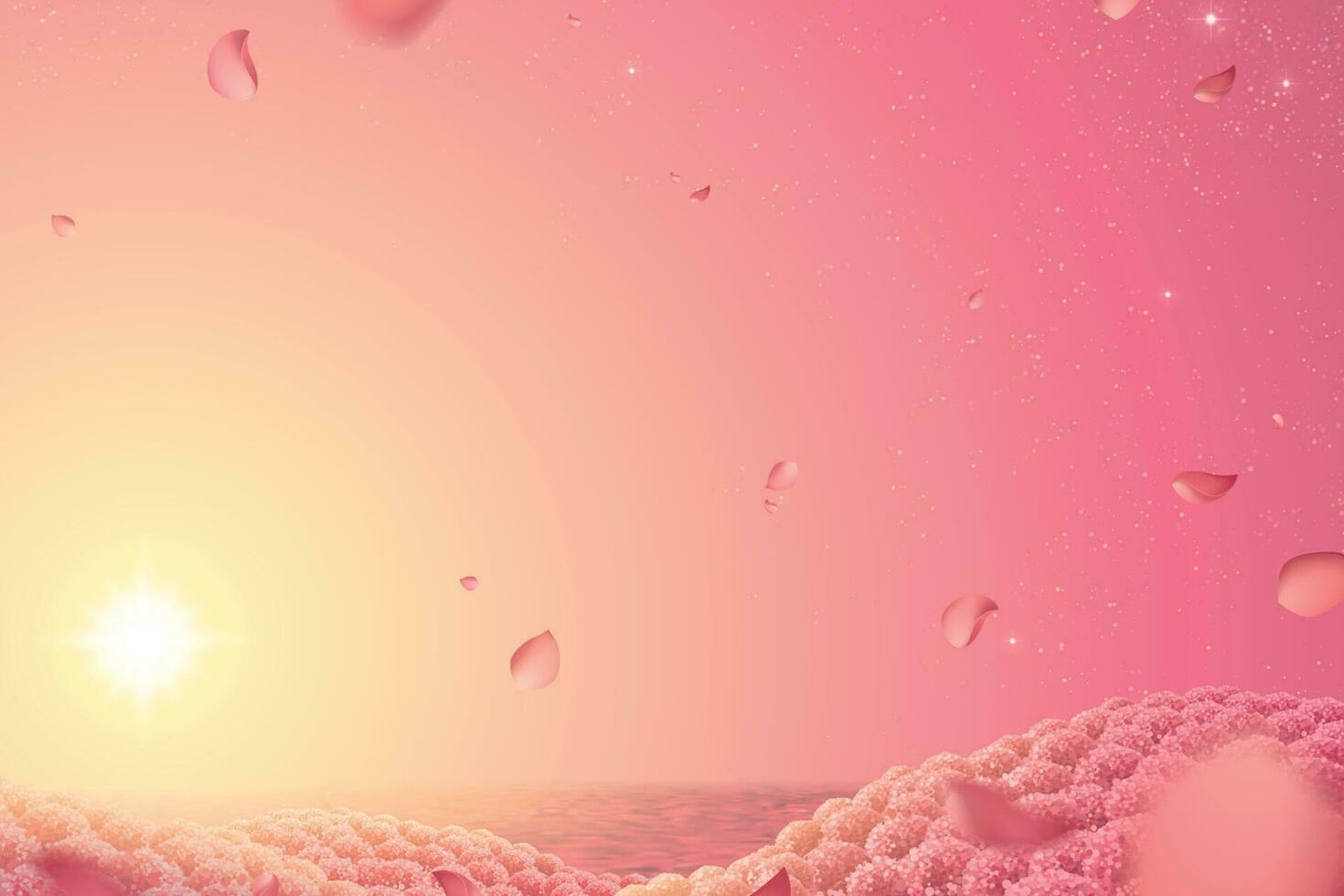 Surreal pink floral field background, with petals flying in romantic dusk vector