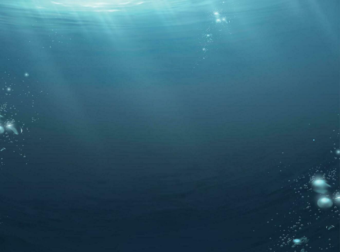 Dark ocean scene with moonlight beaming through water surface and bubbles floating upwards, 3d illustration vector