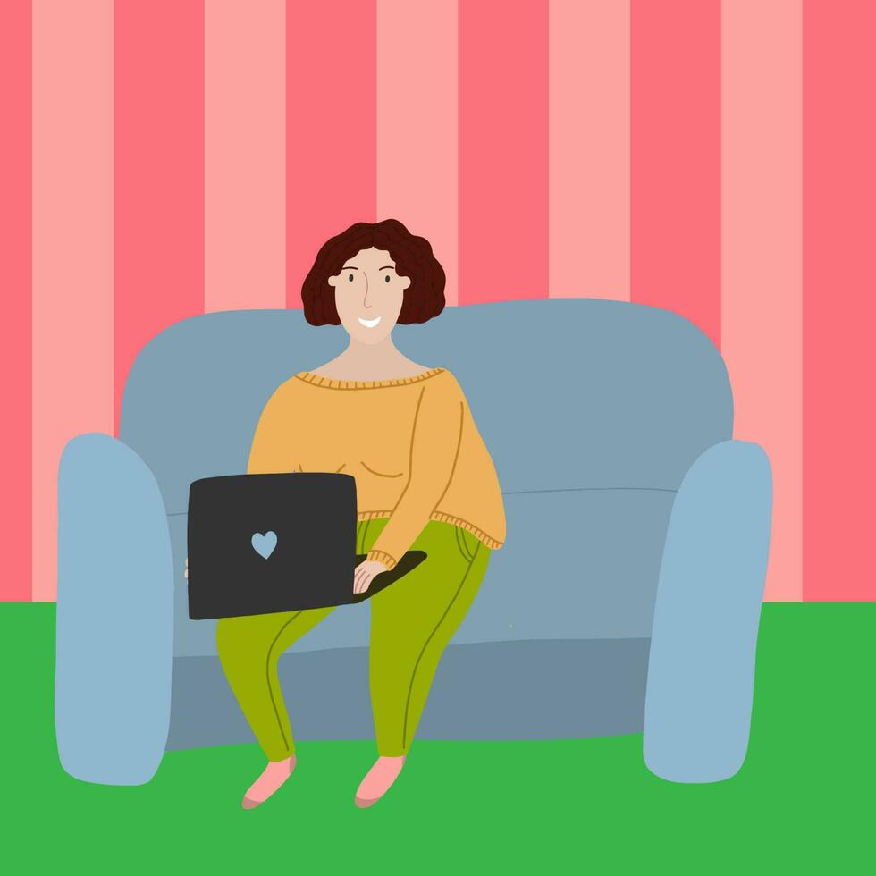 Woman with tablet working at home and sitting on grey sofa - concept in flat style vector