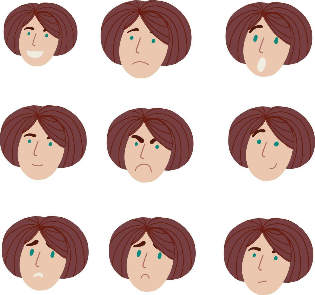 mujer emociones y caras para avatar en plano estilo vector