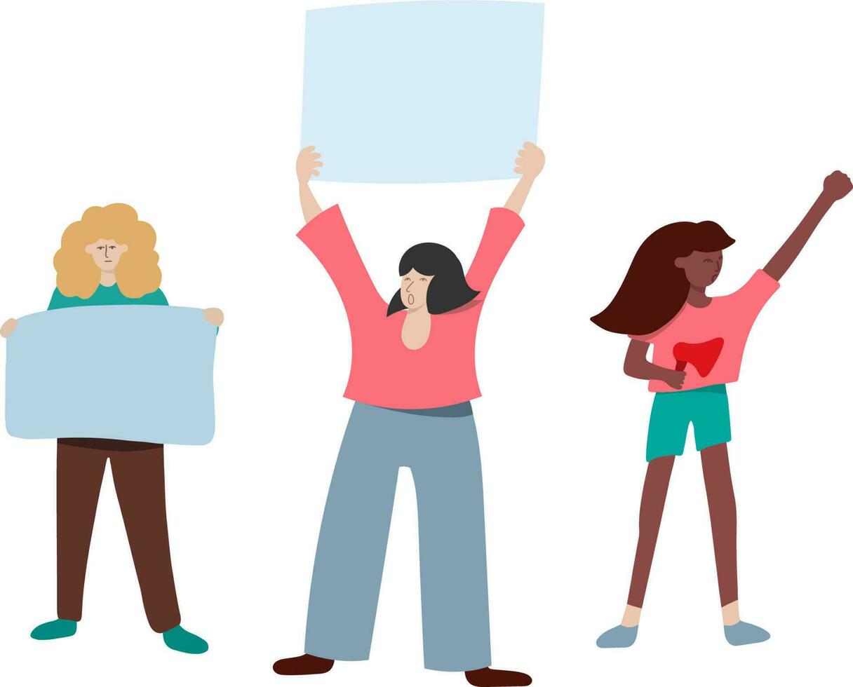 Woman fight for her rights with poster in hands - flat vector illustration