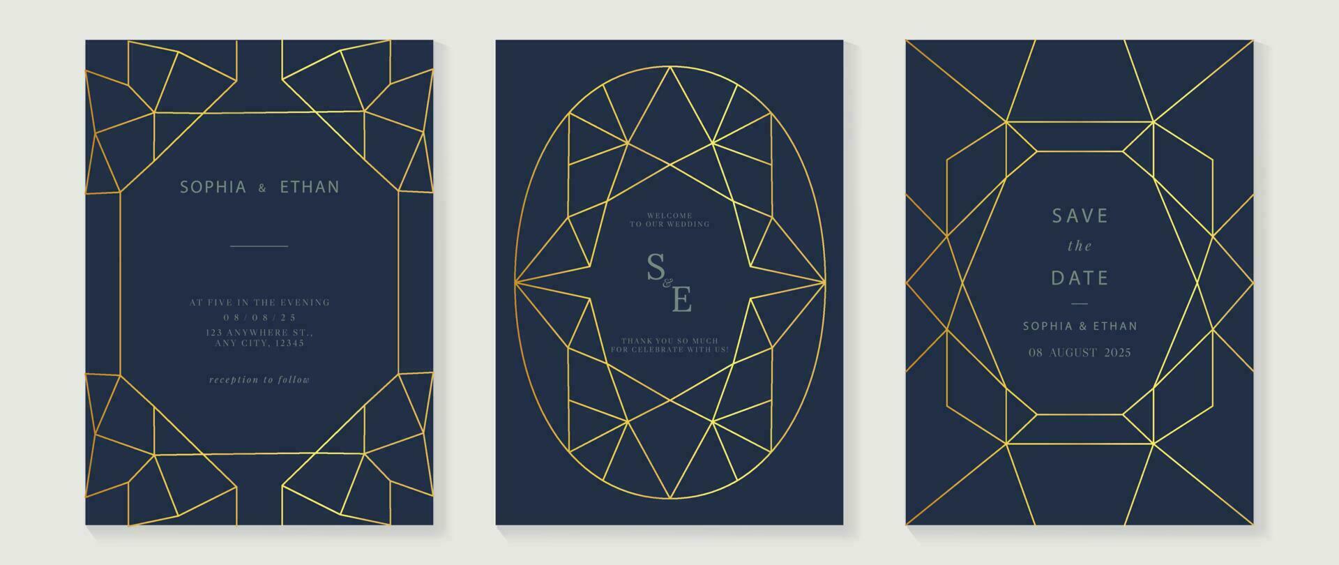 Luxury geometric pattern cover template. Set of art deco poster design with golden line, ornament, shapes, borders. Elegant graphic design perfect for banner, background, wallpaper, invitation. vector