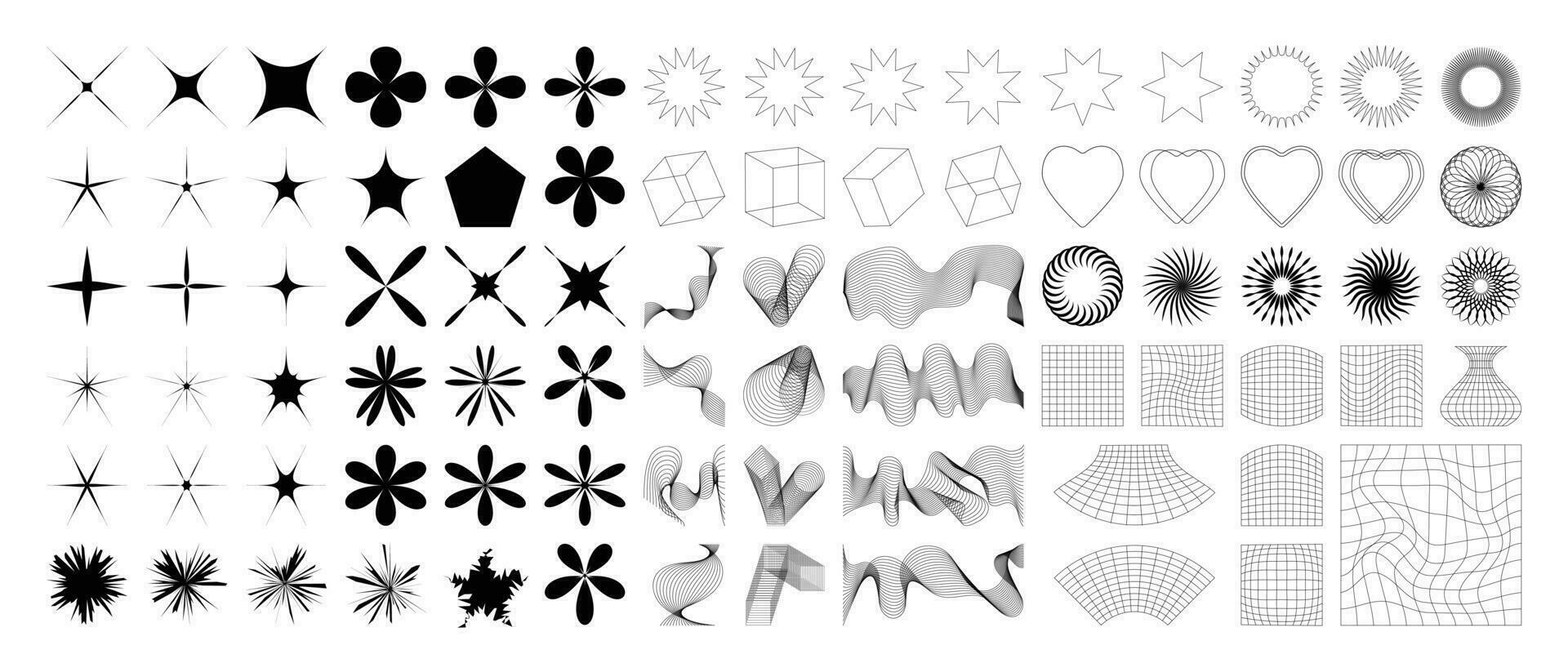 Set of geometric shapes in trendy 90s style. Black trendy design with frame, sparkles, heart, flower, star, lines. Y2k aesthetic element illustrated for banners, social media, poster design, sticker. vector