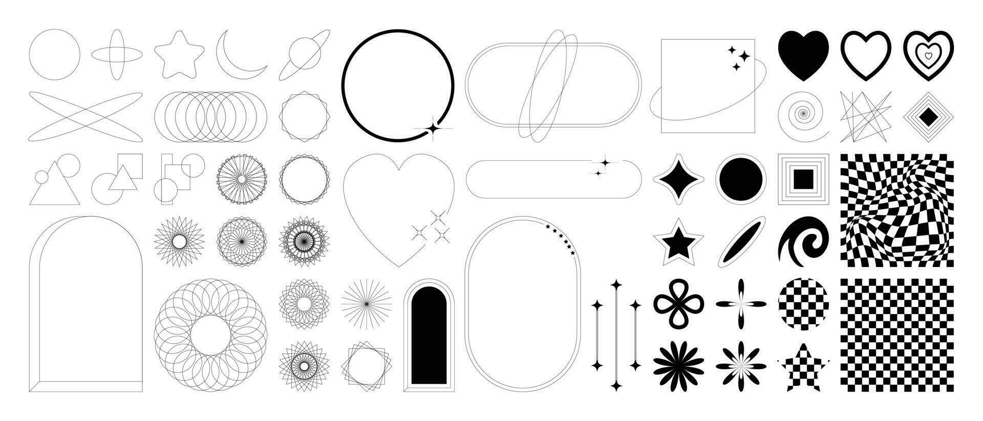 Set of geometric shapes in trendy 90s style. Black trendy design with frame, sparkles, circle, heart, moon, lines. Y2k aesthetic element illustrated for banners, social media, poster design, sticker. vector