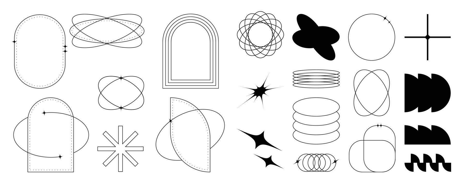 Set of geometric shapes in trendy 90s style. Black trendy design with frame, sparkles, circle, lines. Y2k aesthetic element illustrated for banners, social media, poster design, sticker. vector