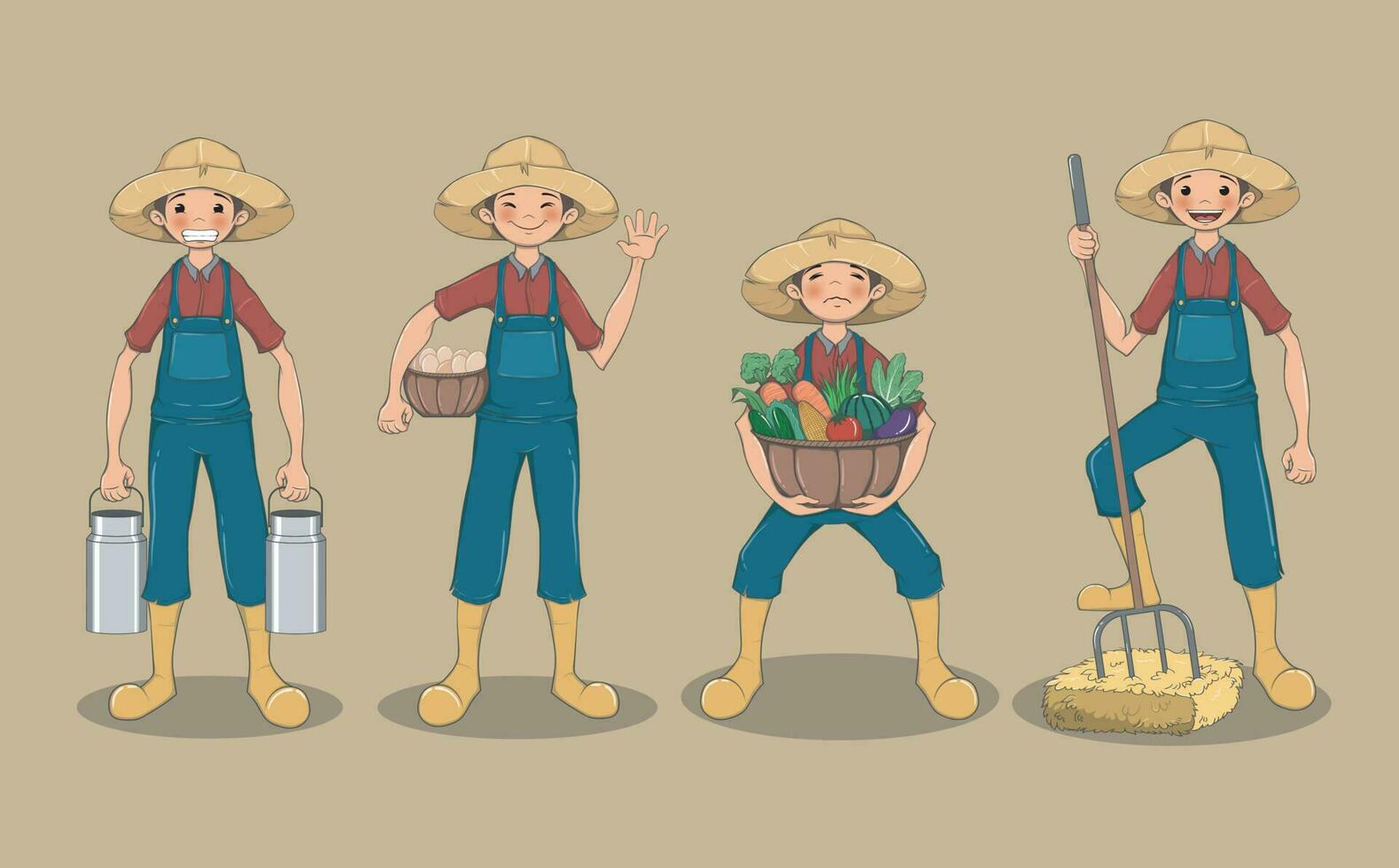 Cute farmer boy character in four action poses, vector illustration in cartoon style