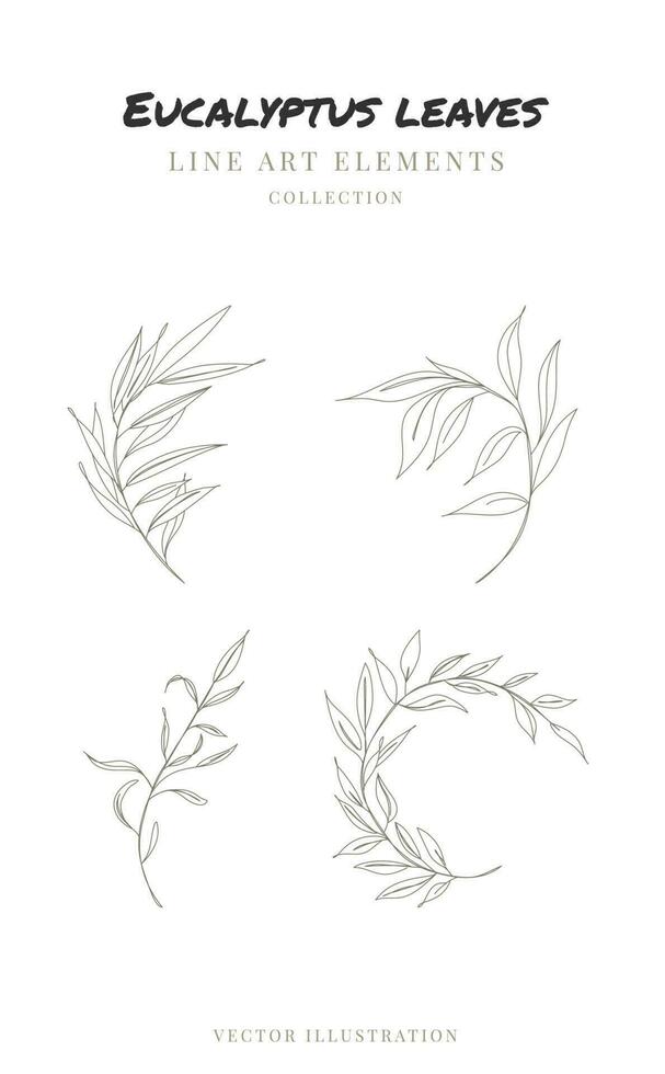 Eucalyptus leaves hand drawn one line drawing. Floral elements line art. Vector illustration
