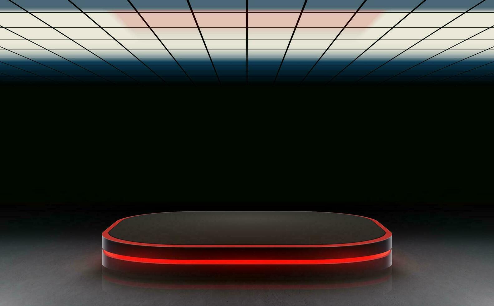 Neon podium stage large empty dark room concrete cement garage underground  with top lightbox modern background. Vector illustration