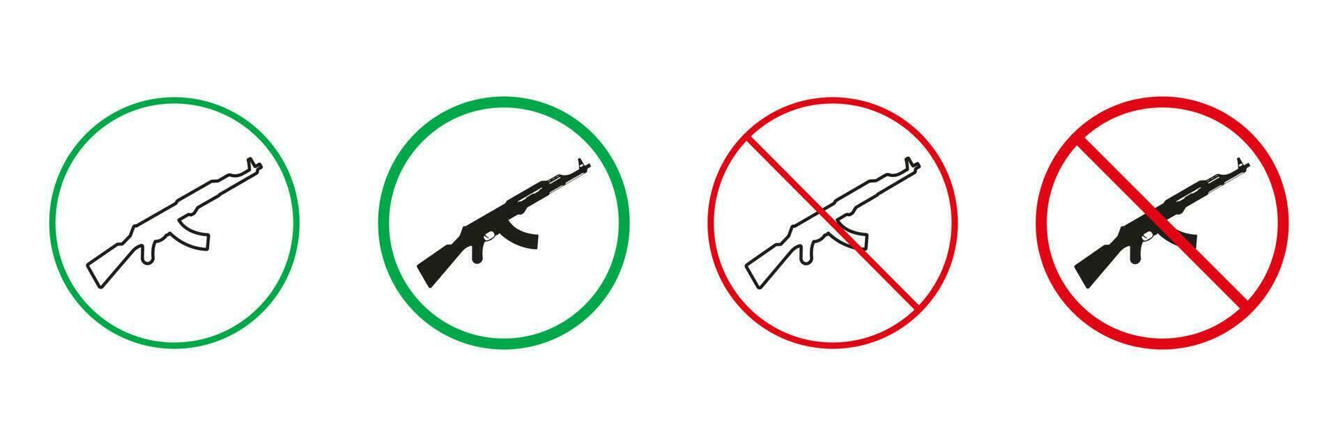 Ak47 Red and Green Warning Signs. Weapon, Assault Rifle Line and Silhouette Icons Set. Allowed and Prohibited Machine Gun Pictogram. AK 47 Kalashnikov Sign. Isolated Vector Illustration.