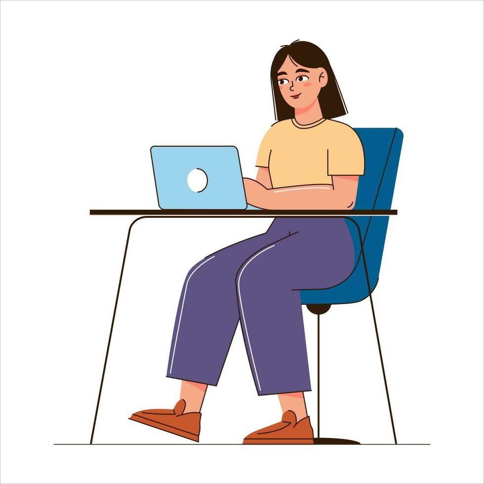 The girl is working on a laptop. Work online or freelance. Flat style. Suitable for image work, office, hiring staff. Vector illustration.