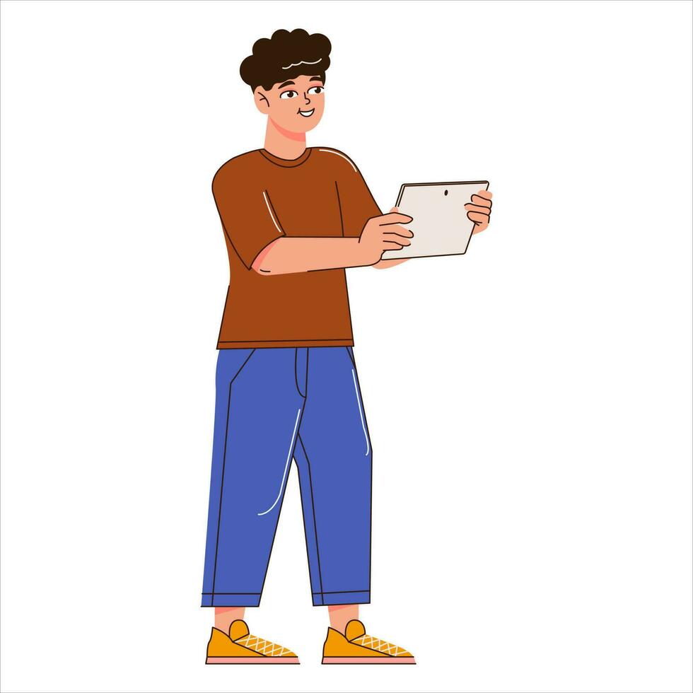 un contento joven chico es participación un tableta computadora en su manos y mirando dentro él. un hombre en pie aislado en un blanco antecedentes. vector ilustración