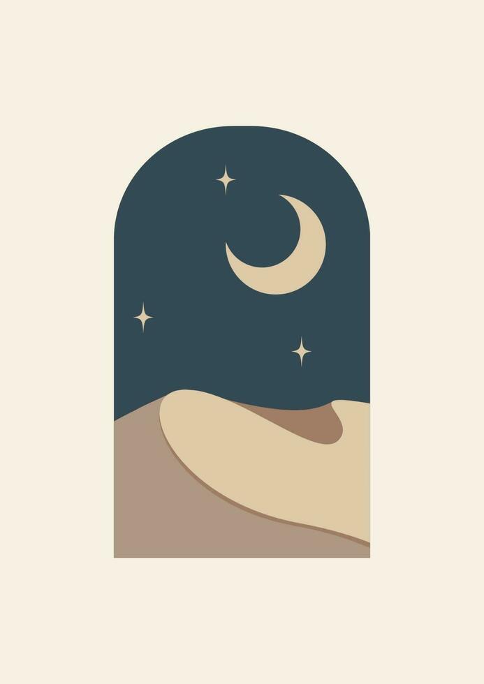 moderno estilo Ramadán Mubarak saludo tarjeta con retro diseño, Luna y desierto. contemporáneo artístico carteles resumen moderno impresión vector