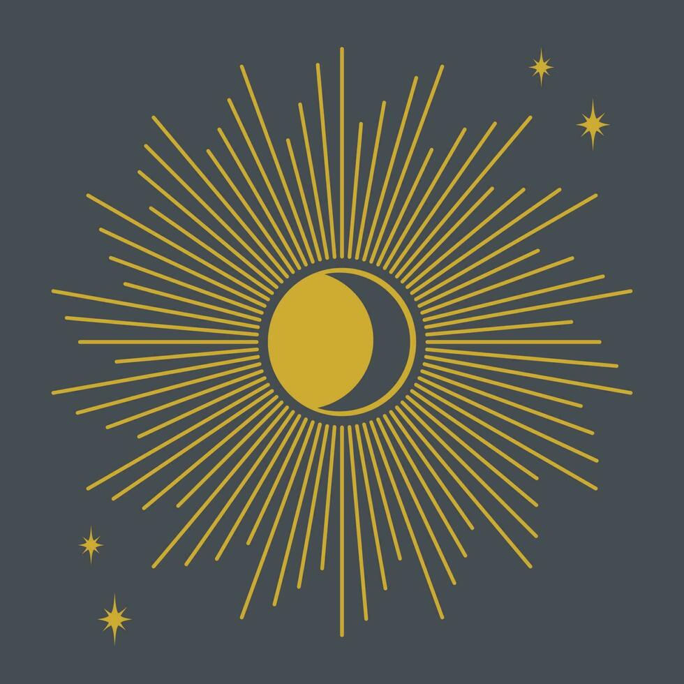 Vector illustration in vintage mystical style for tarot card. Astrology, heavenly boho design. Golden sun with stars