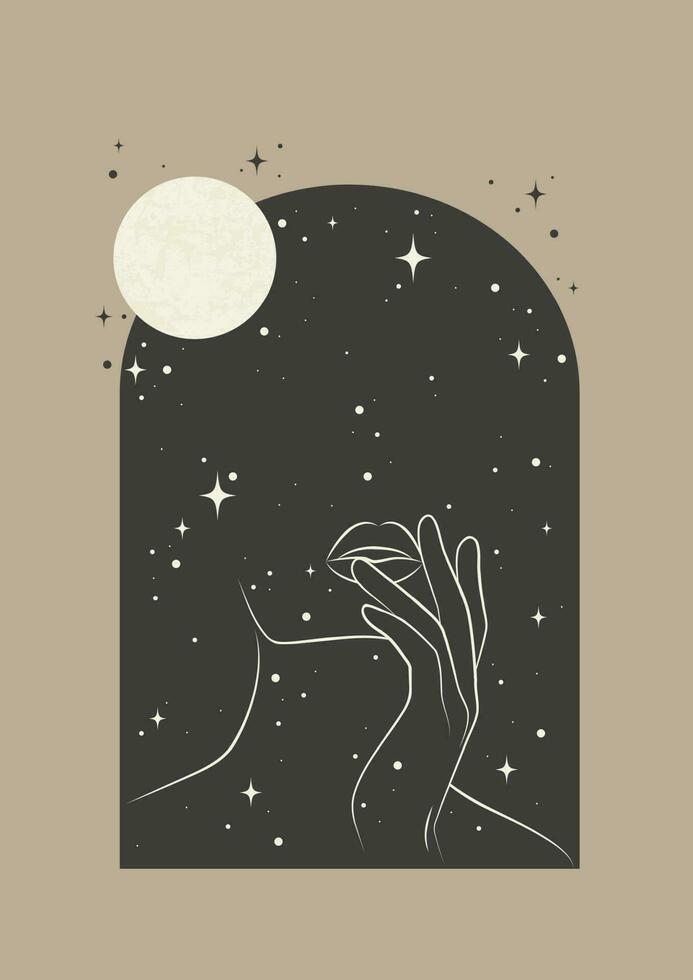 místico dibujo con rostro, Luna y estrellas póster. diseño para tarot tarjeta, magia boho ilustración. astrología o sagrado Arte. magia oculto esotérico estilo. vector