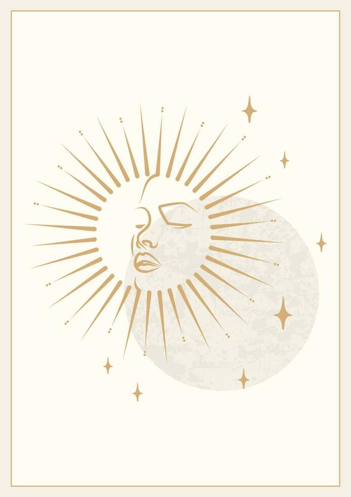 Mystical drawing of sun with face, moon and stars poster. Design for tarot card, magic boho illustration. Astrology or sacred art. Magic occult pattern, esoteric style. vector