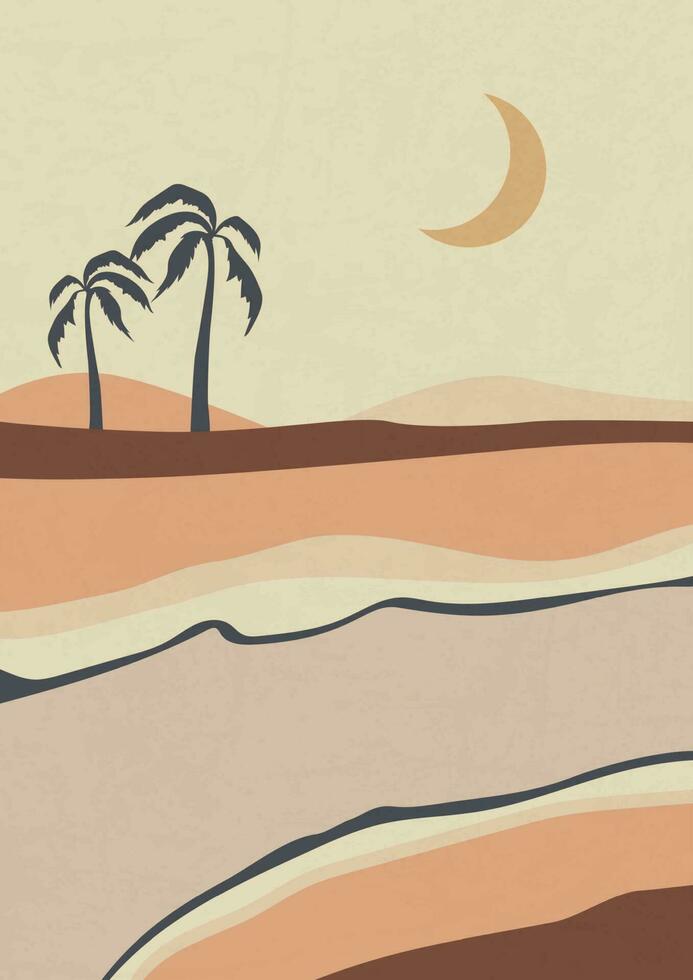 Aesthetic desert landscape, dunes and palms illustration. Earth tones, beige colors. Oasis wall decor. Mid century modern minimalist art print. Organic colors vector