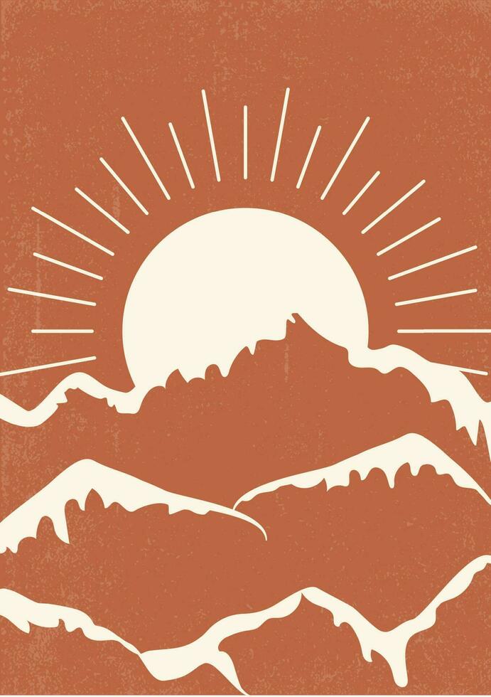 Mountain winter landscape with white peaks illustration. Modern boho background with sun and mountains, minimalist wall decor. Vector a4 art print