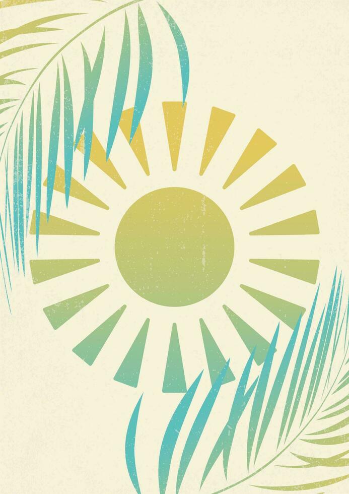 Rainbow colorful sun print boho minimalist wall art. Minimalist art work with palm leaves. Miami summer vibes. vector