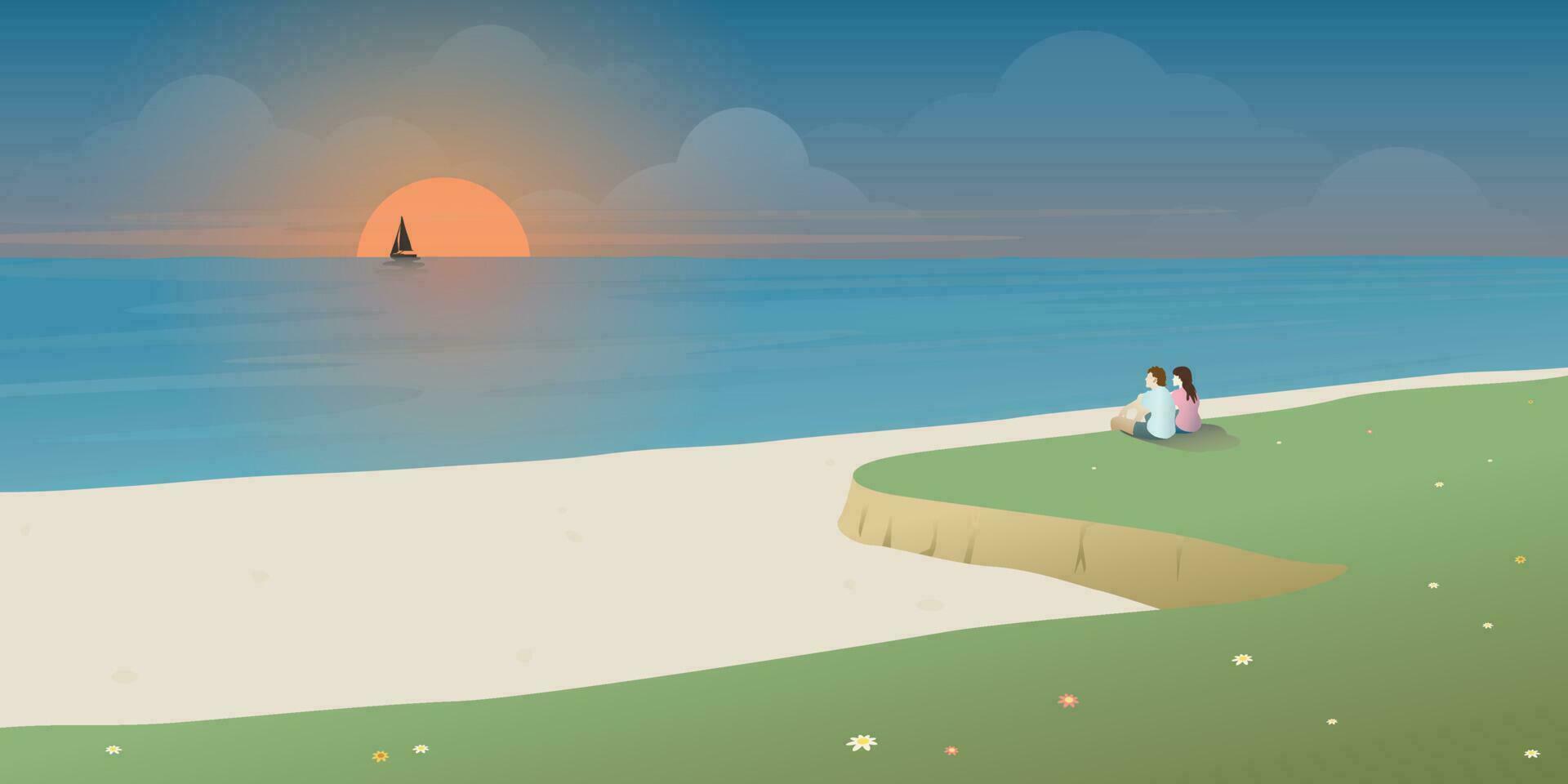 Sunset at tropical blue sea with couple of lover at white sand beach vector illustration. Landscape of coast beautiful sea shore beach at sunset flat design.