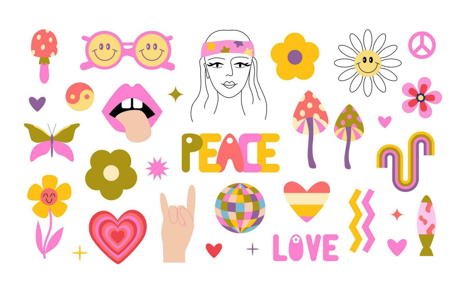 Retro 70s Groovy Hippie revival set. Y2k. Retro vibes. Daisies, rainbows, mushrooms, hearts, lava lamp, smiling flowers, flower child, cute cartoon flowers. Isolated sticker pack. Nostalgia vector