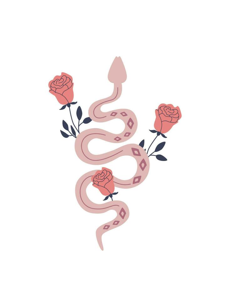 decorativo misterioso serpiente con rosas. boho magia fauna silvestre. Clásico sagrado insecto. floral póster, volantes, tarjeta. vector